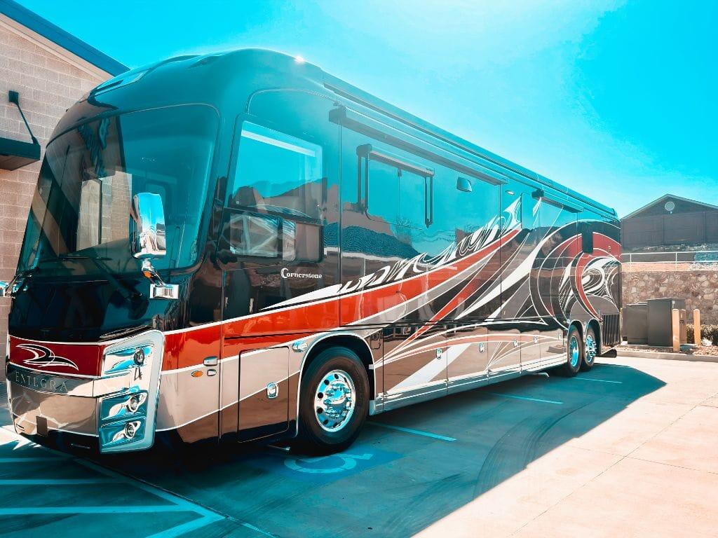 Entegra Cornerstone luxury motorcoach showing a flawless full-body shine after detailing at Brightworks Fort Worth